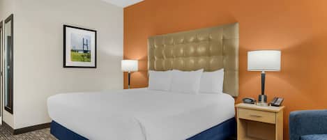 A hotel room with a large bed, two bedside tables with lamps, a framed picture on the wall, and a blue chair.