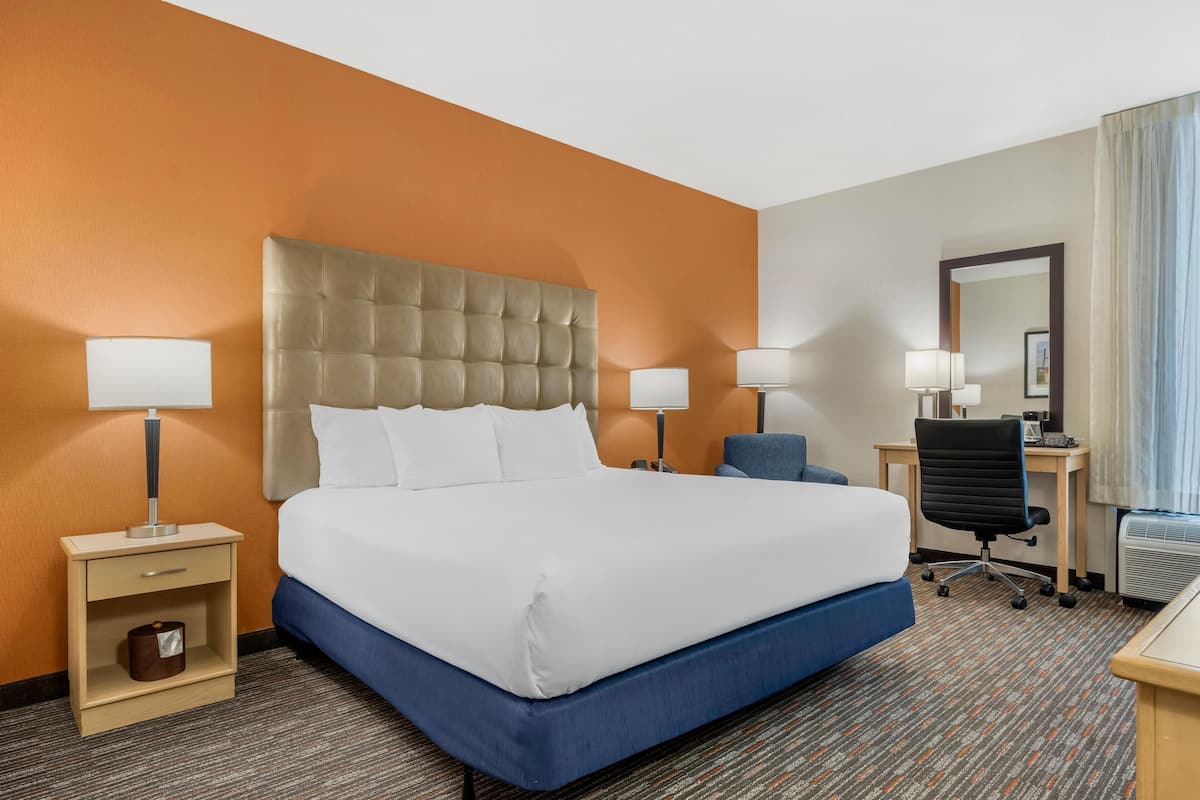 Quarto luxo, 1 cama King, acessível, geladeira e micro-ondas (Roll in Shower) | Escrivaninha, espaço de trabalho para notebook, cortinas blackout