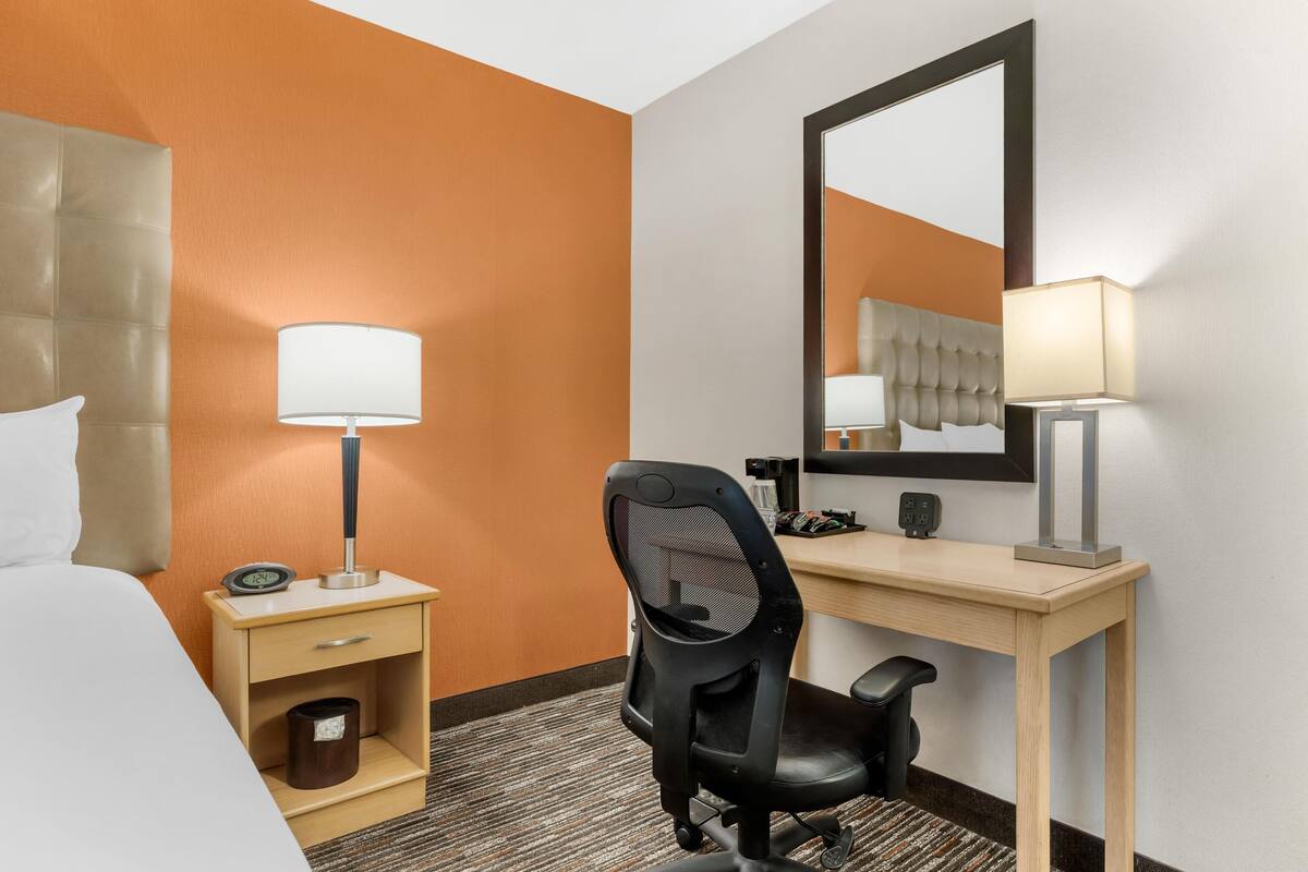 Ein Hotelzimmer mit Bett, Schreibtisch, Stuhl, Nachttisch, Lampe, Spiegel und Mülleimer.
