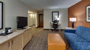 Desk, laptop workspace, blackout drapes, free cribs/infant beds