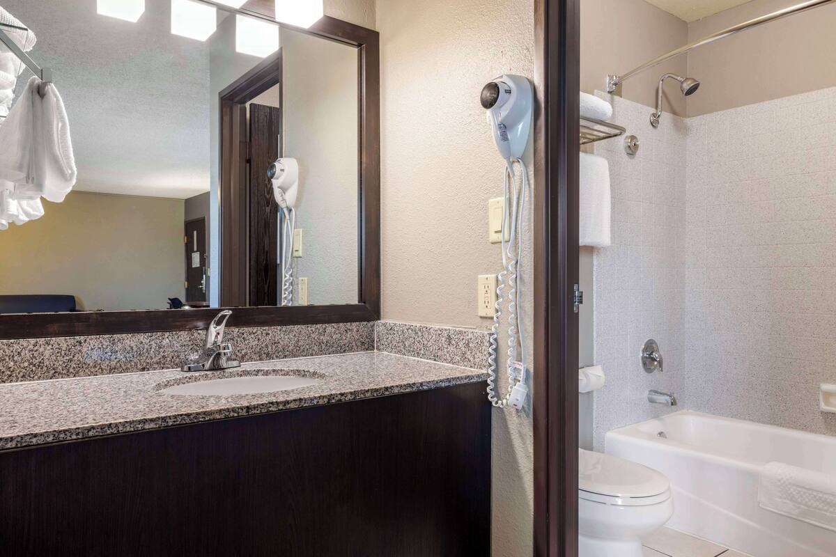combined shower/bathtub, free toiletries, hair dryer, towels