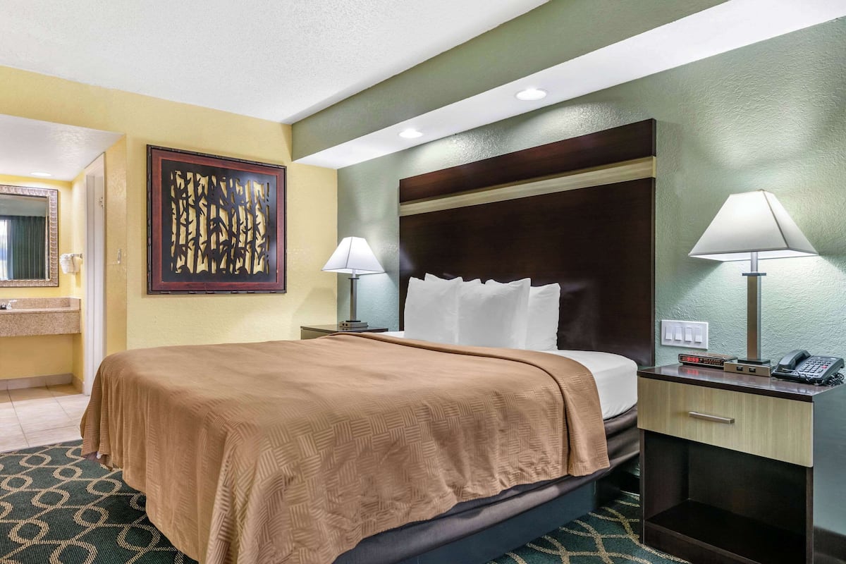 A hotel room with a large bed, a nightstand with a lamp, a mirror, and a decorative wall piece.