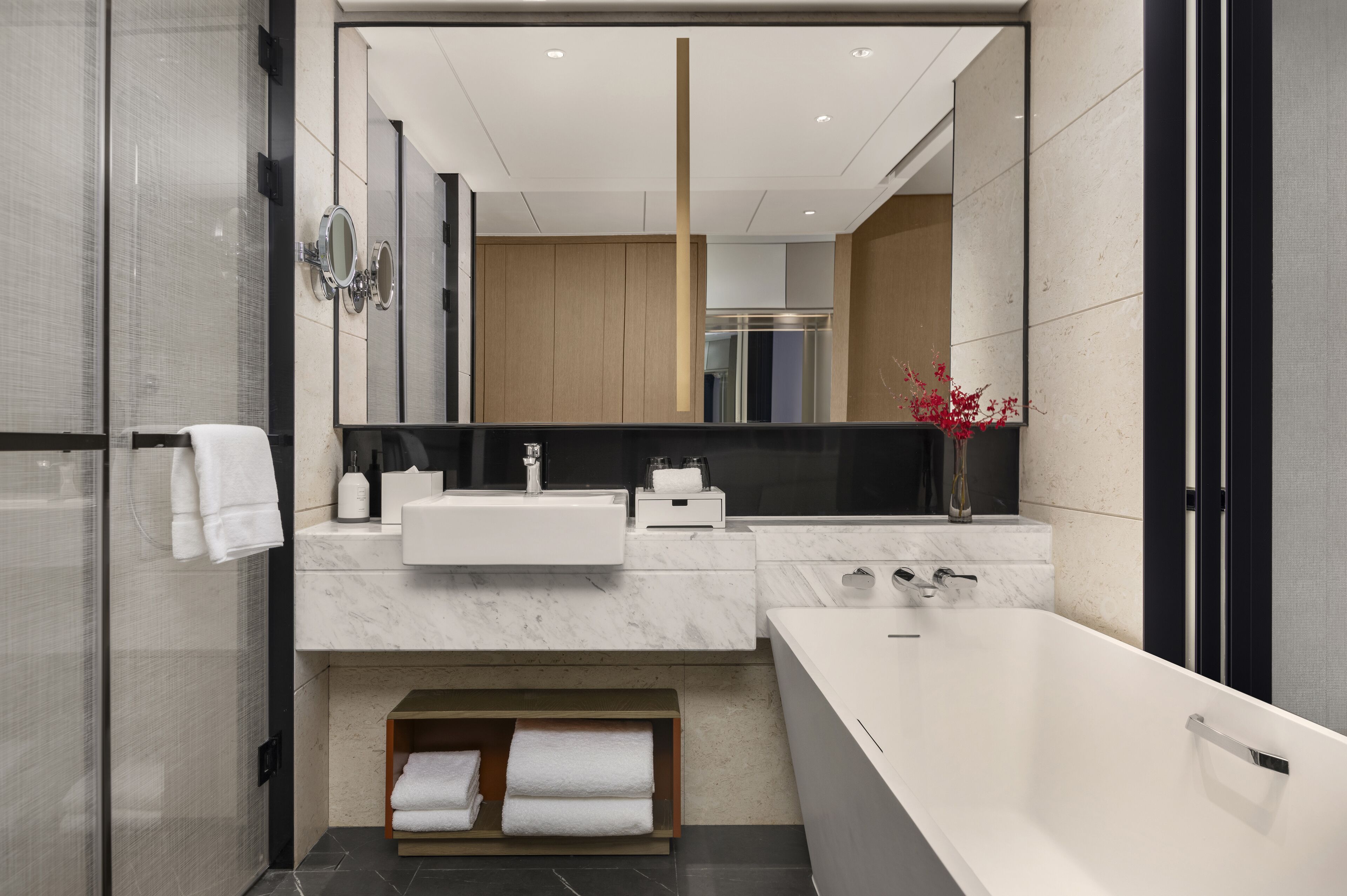 shower, eco-friendly toiletries, hair dryer, bathrobes