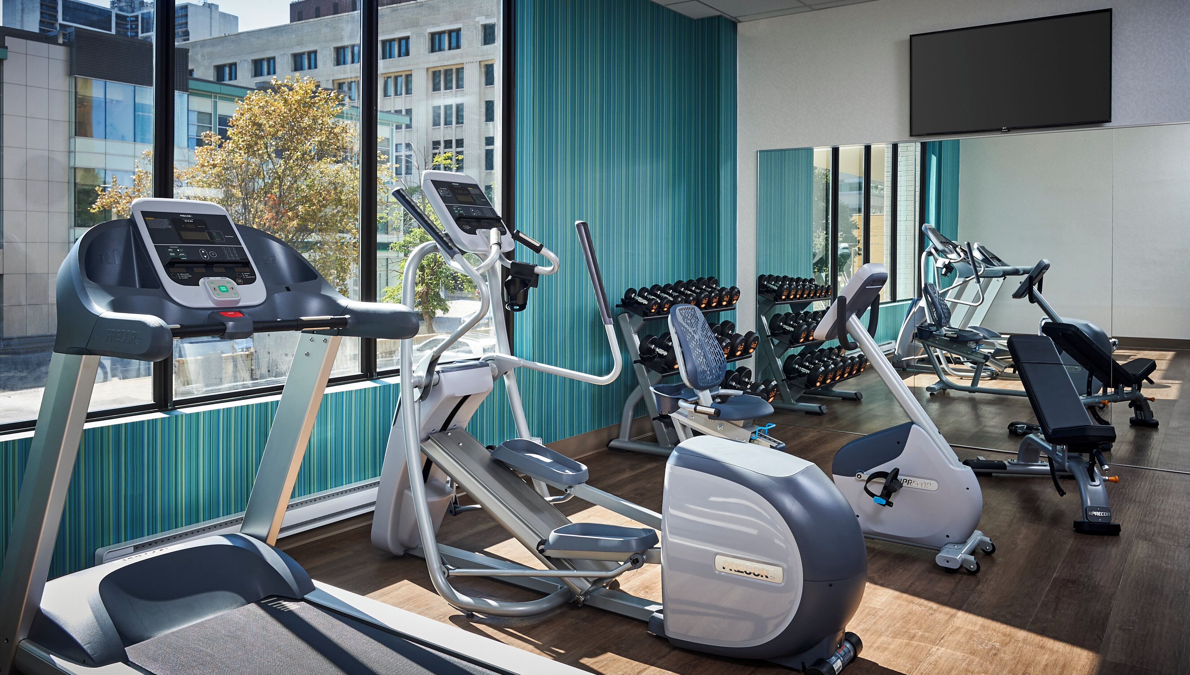 Une salle de sport équipée de tapis de course, de vélos elliptiques et d’haltères.