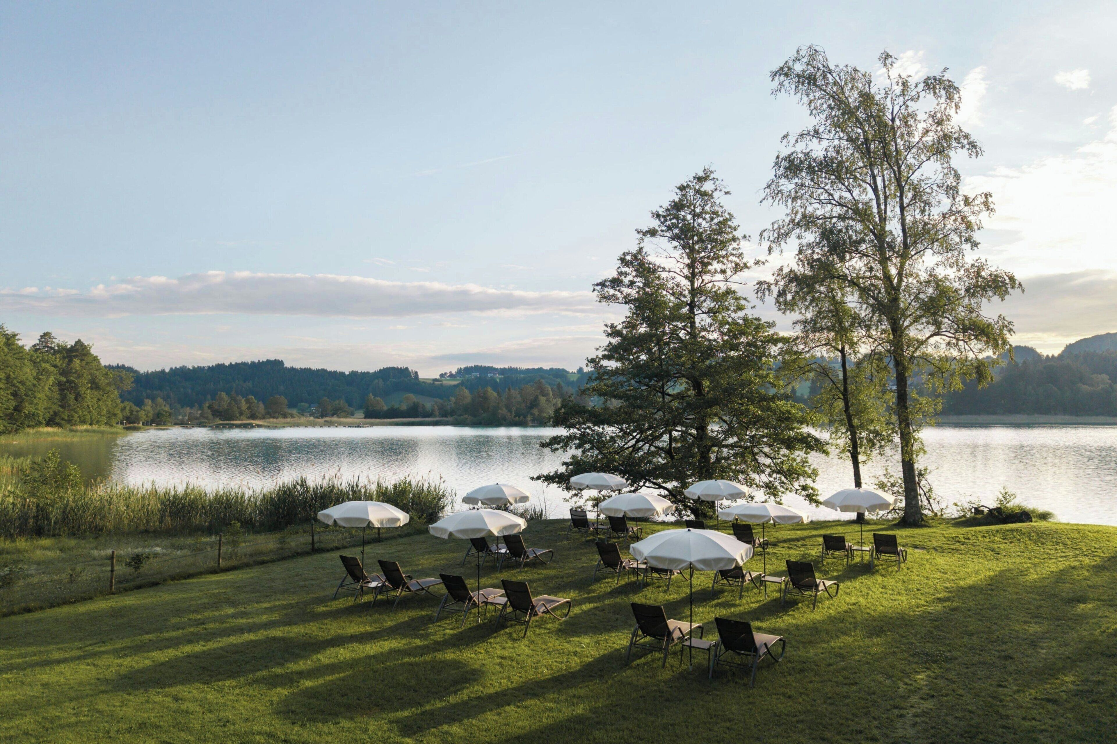 Un cadre agréable au bord du lac, avec des chaises et des parasols disposés pour créer un espace de détente en plein air.