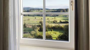 Una ventana que ofrece vistas despejadas de un paisaje verde, con campos y colinas lejanas.