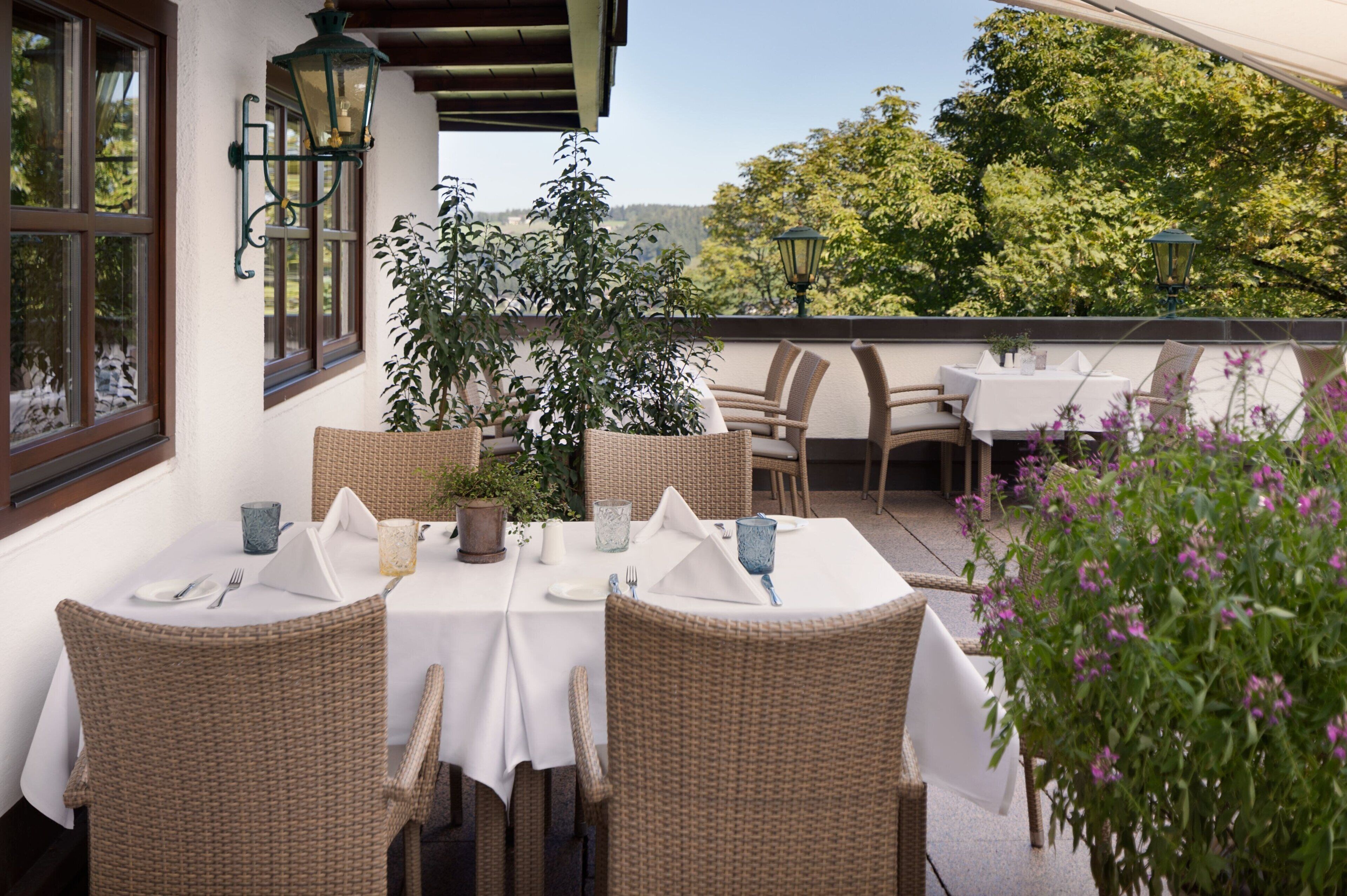 An outdoor dining area with wicker chairs and tables, potted plants, and a view of trees.