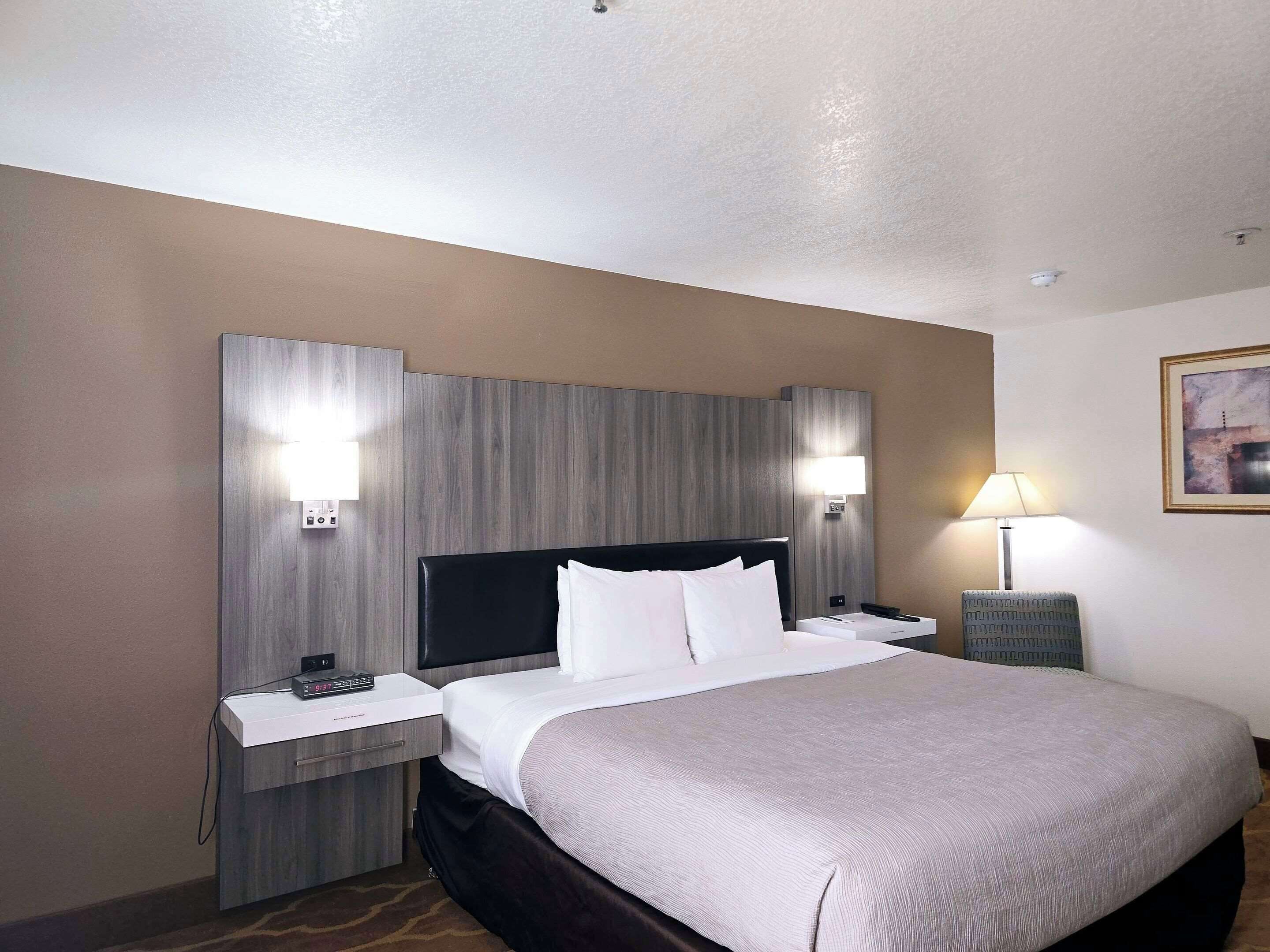 Une chambre d’hôtel avec un grand lit, deux tables de chevet, une petite table, une lampe et un tableau au mur.