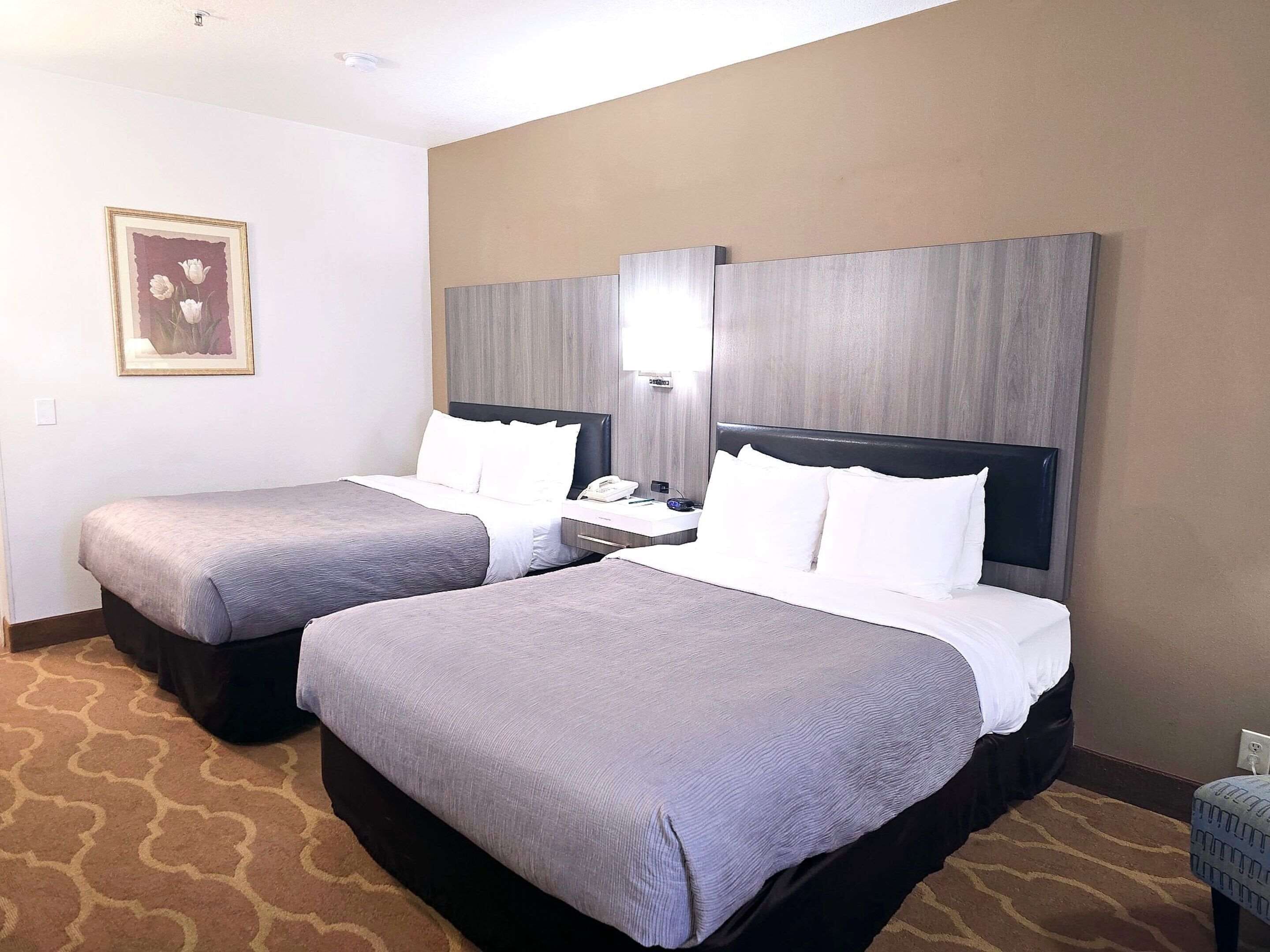 A hotel room with two beds, a nightstand, a lamp, and a framed picture on the wall.