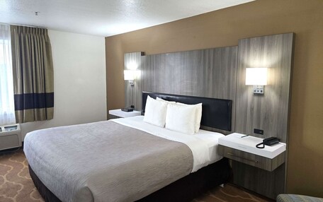 A hotel room with a large bed, two bedside tables, a headboard, and two wall-mounted lamps.