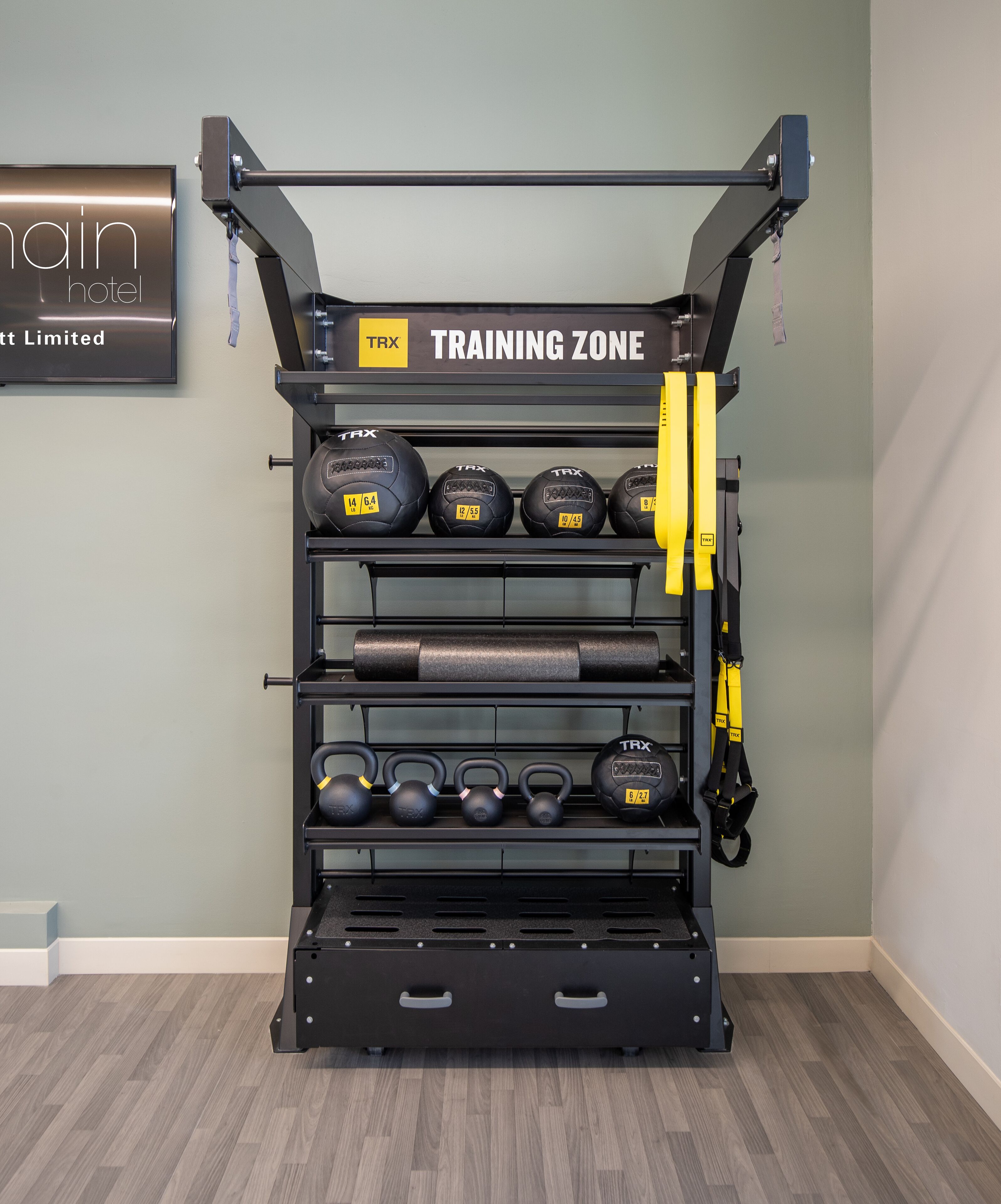 Un entrenador TRX con suspensiones en una zona de entrenamiento con varias pesas y mancuernas.