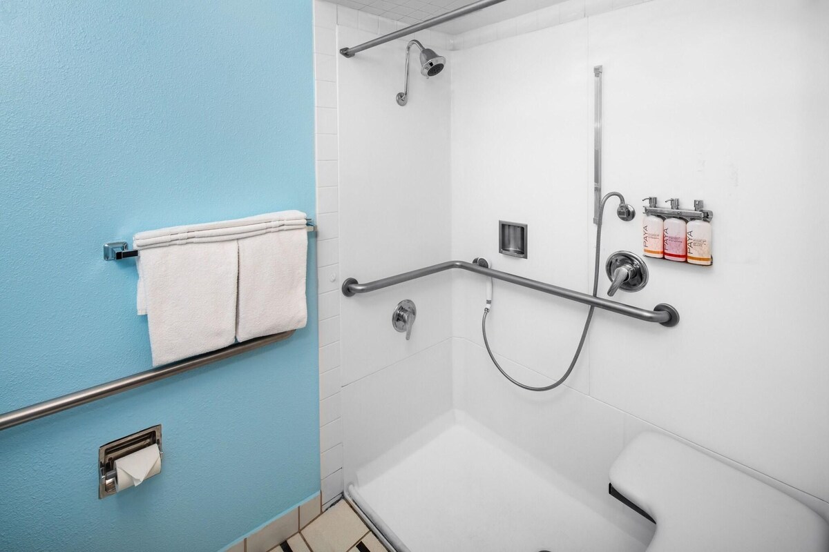 Une salle de bain avec un mur bleu, des carreaux blancs, une douche équipée de barres d’appui, un porte-serviettes et un distributeur de savon.