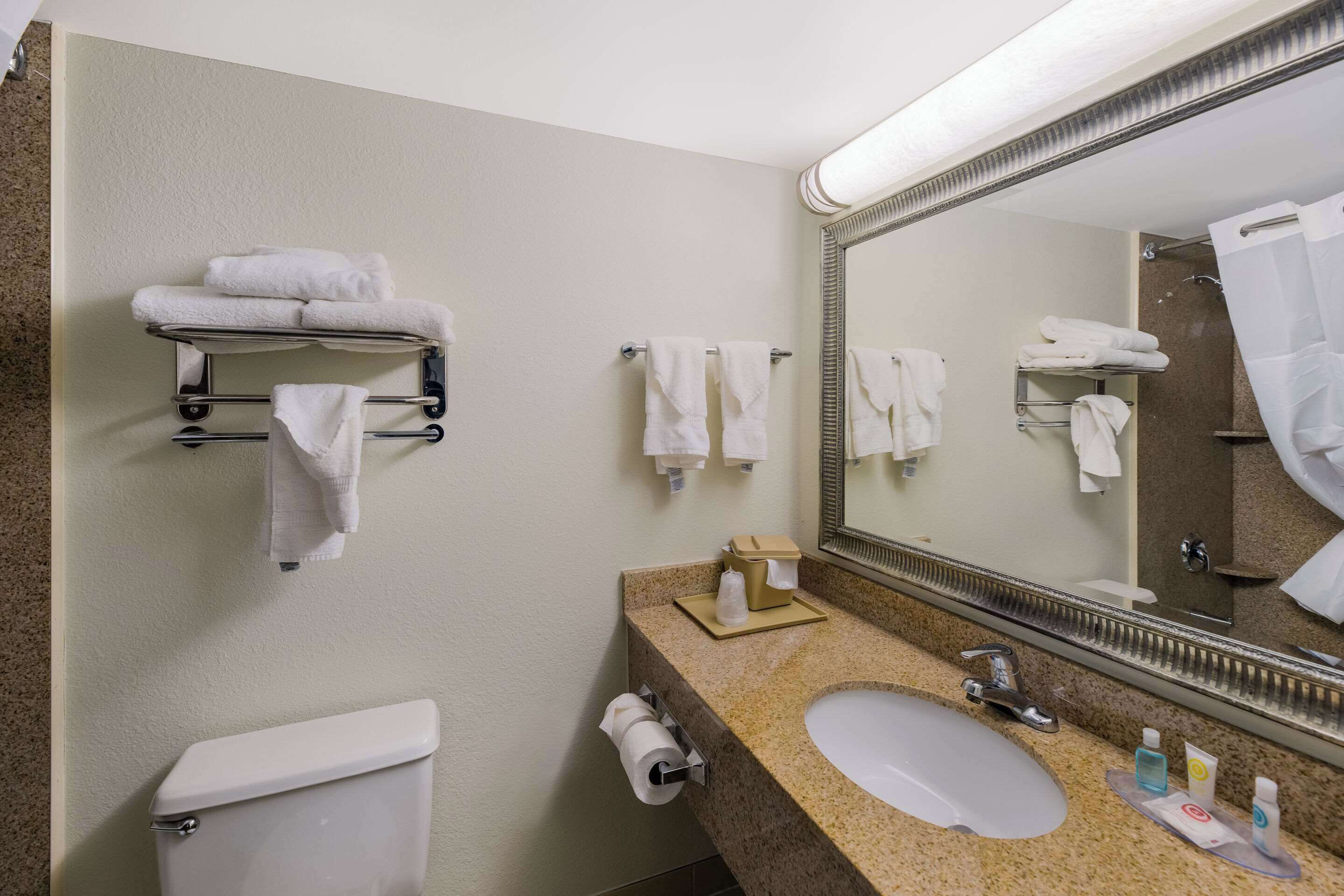 A hotel bathroom with a toilet, sink, and multiple towel hooks.