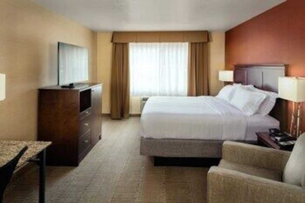 Hypo-allergenic bedding, desk, laptop workspace, blackout drapes