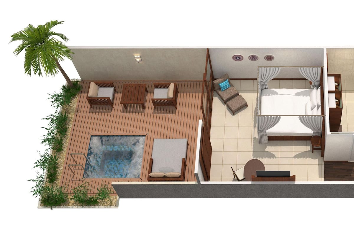 Een appartement met twee slaapkamers, een balkon, een zwembadje, een badkamer met douche en een keuken.