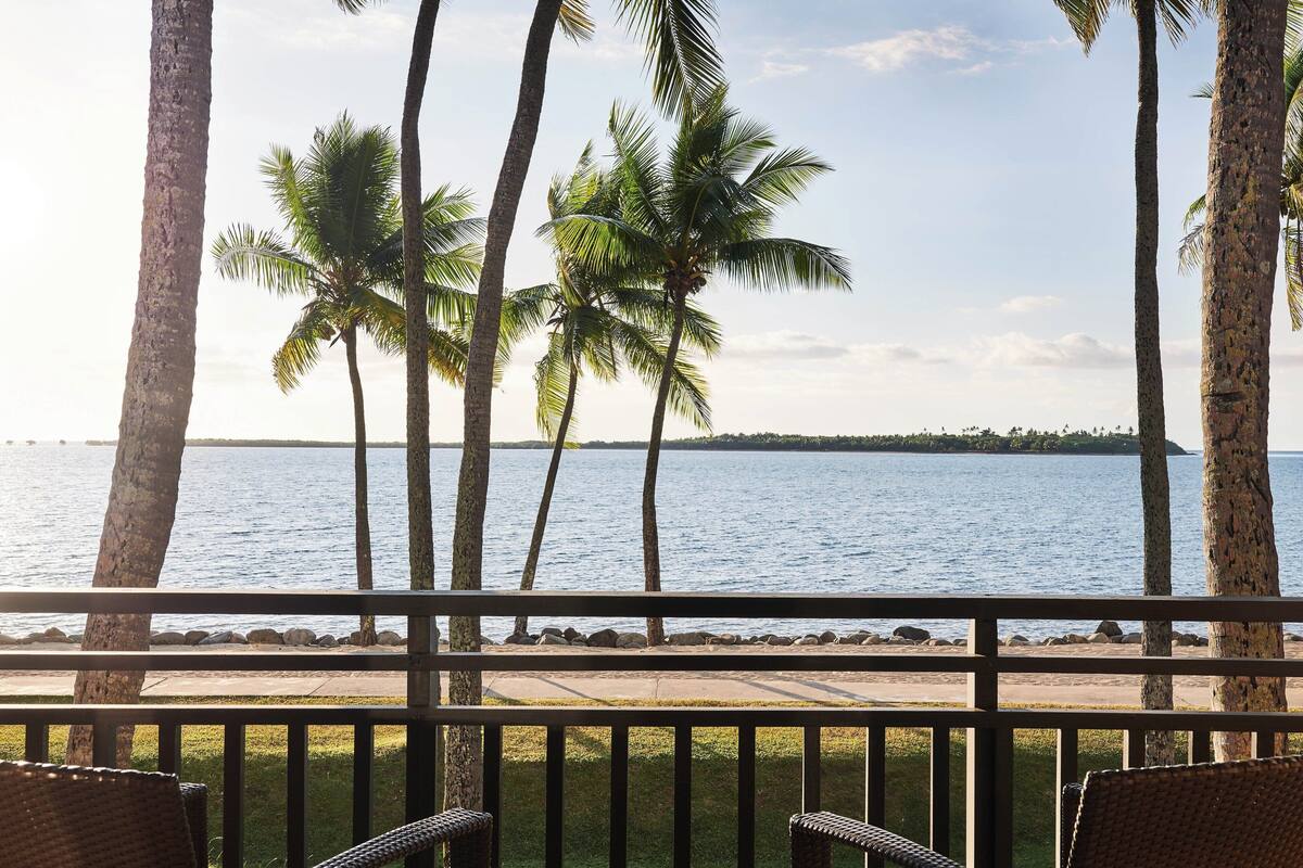 Uitzicht vanaf een balkon met palmbomen en een wateroppervlak.