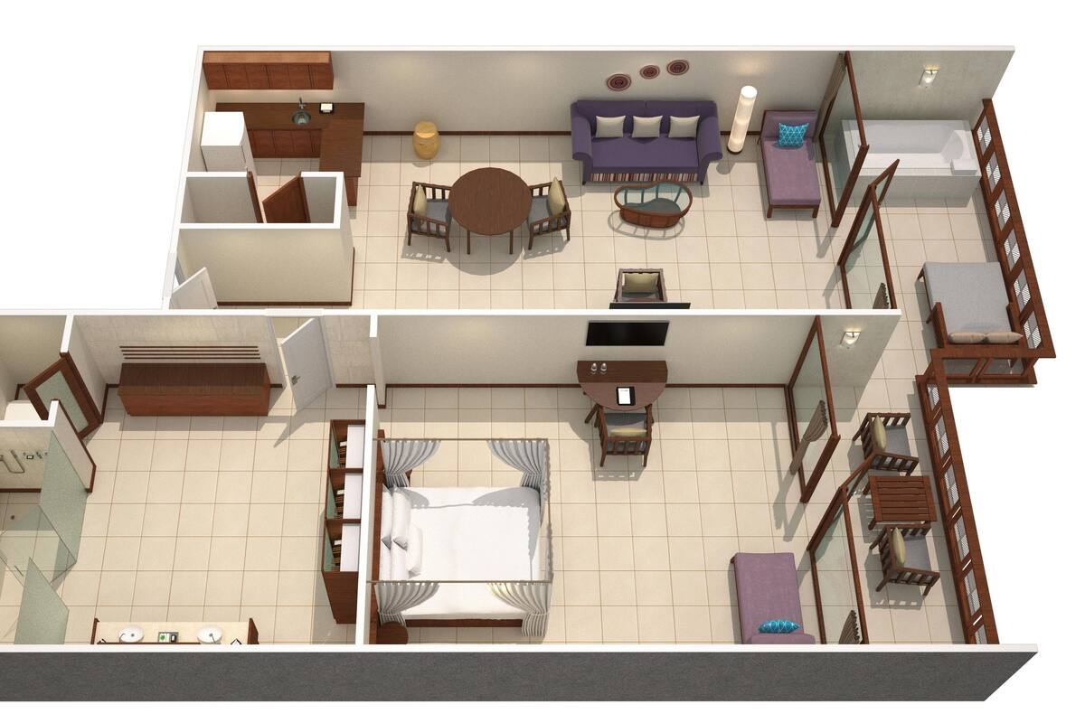 Indeling van een appartement met twee slaapkamers, keuken, eetruimte, woonkamer en balkon.
