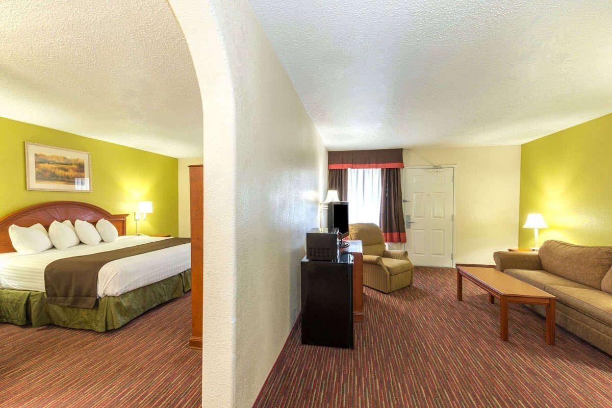 Une chambre d’hôtel avec un lit, un bureau, une chaise et un canapé.