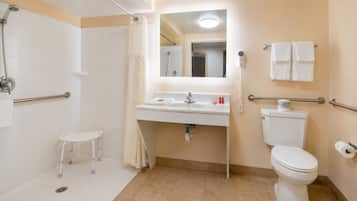 Shower, free toiletries, hair dryer, towels