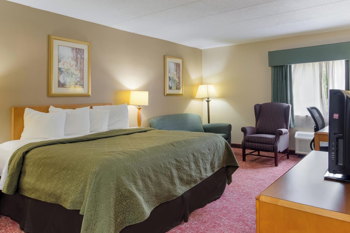 A hotel room with a large bed, two chairs, a desk, and a television.
