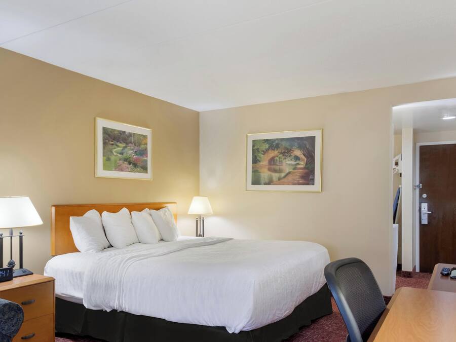 A hotel room with a bed, two bedside lamps, a desk with a computer, and two framed paintings on the wall.