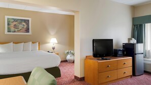 Ein Hotelzimmer mit Bett, Fernseher, Kühlschrank, Lampe und einem Bild an der Wand.