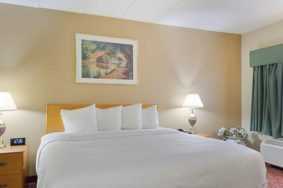A hotel room with a large bed, two bedside lamps, a clock, a painting on the wall, and a green curtain.