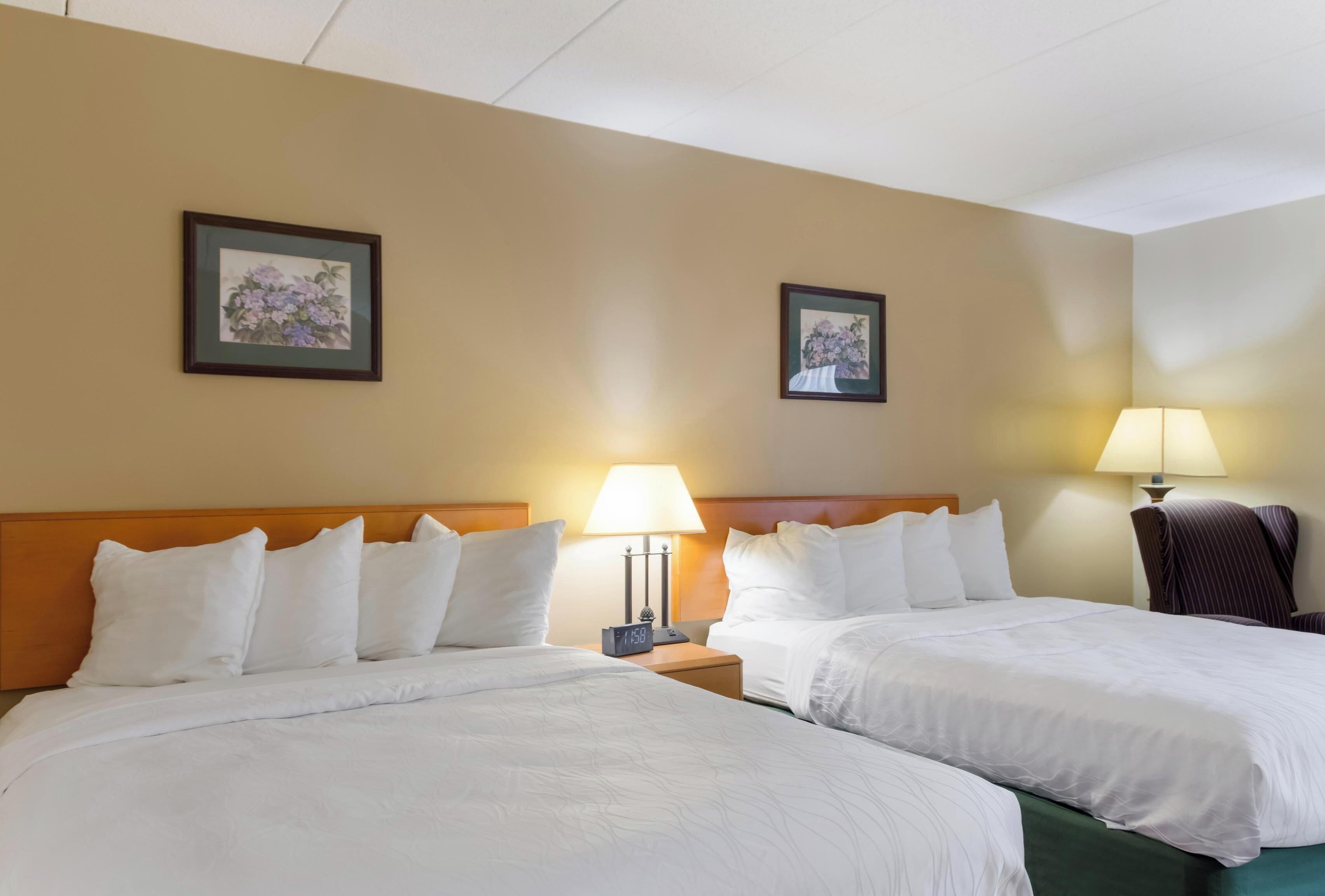A hotel room with two beds, a nightstand with a clock, two wall-mounted lamps, and two framed floral pictures.