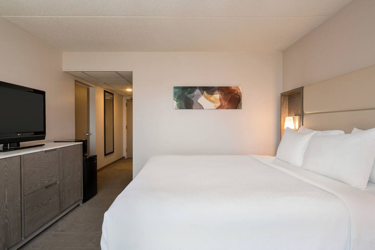 Une chambre d’hôtel avec un grand lit, un téléviseur à écran plat, une petite armoire et un tableau au mur.
