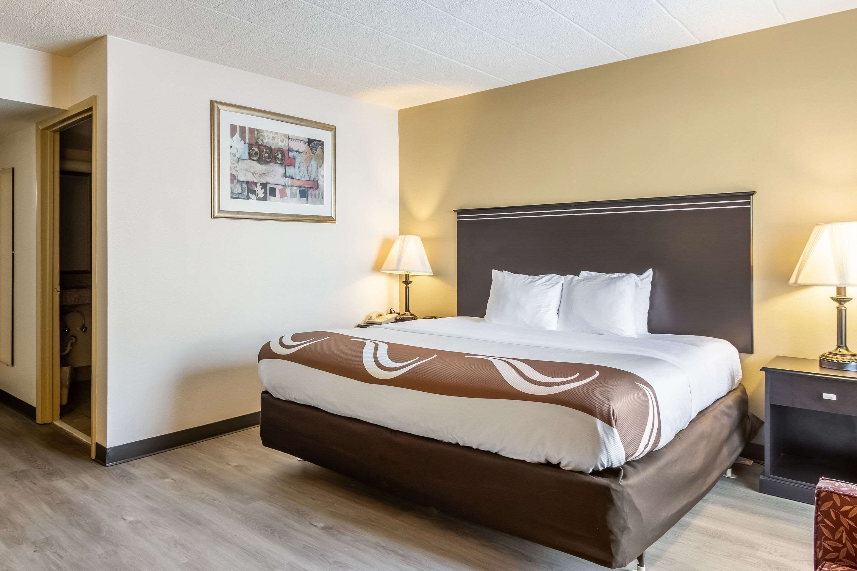 Une chambre d’hôtel avec un grand lit, deux lampes de chevet, un tableau encadré au mur et un plancher en bois.