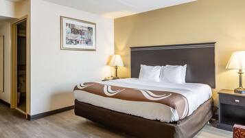 Une chambre d’hôtel avec un grand lit, deux lampes de chevet, un tableau encadré au mur et un plancher en bois.