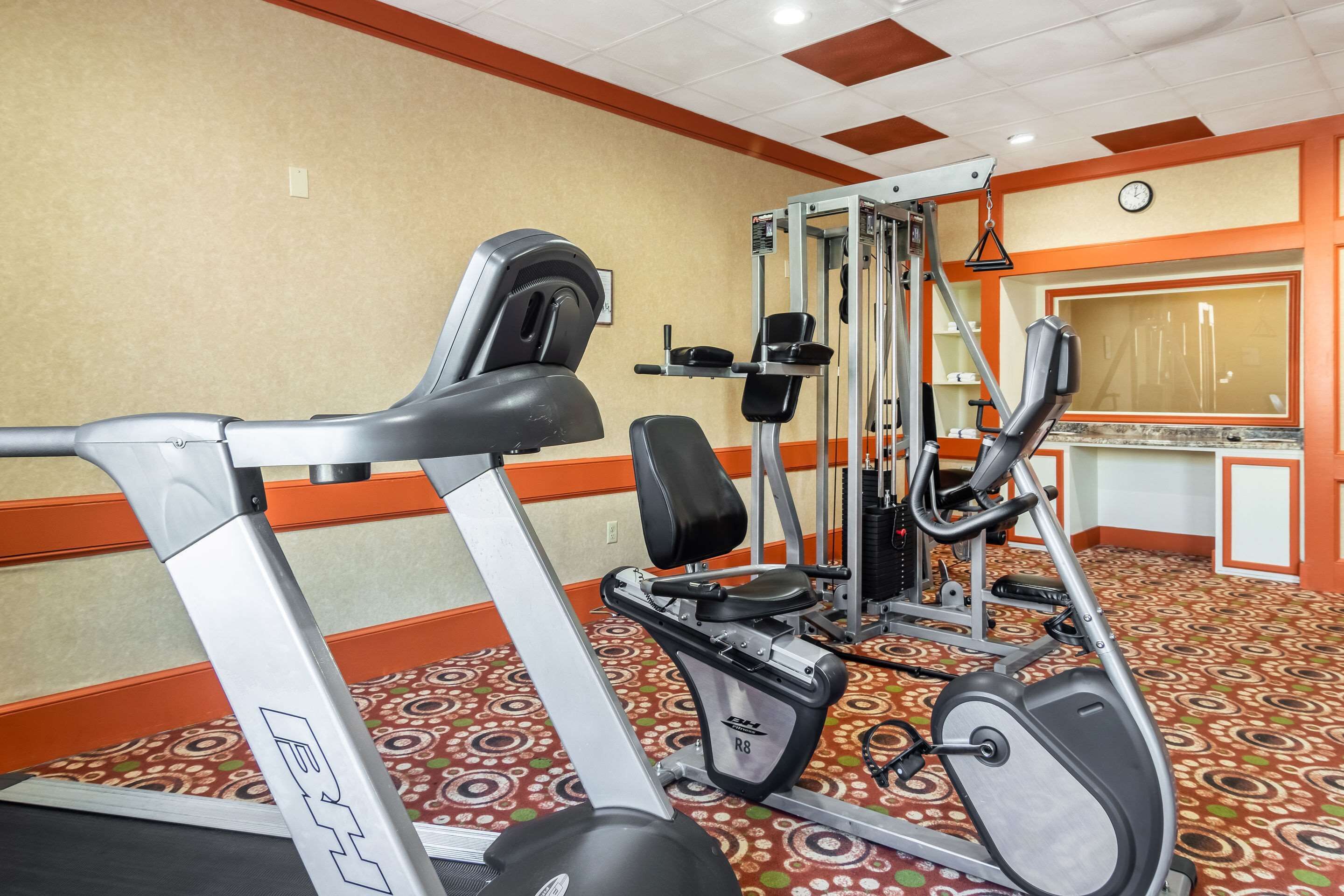 A gym with cardio machines, weightlifting equipment, and a patterned carpet.