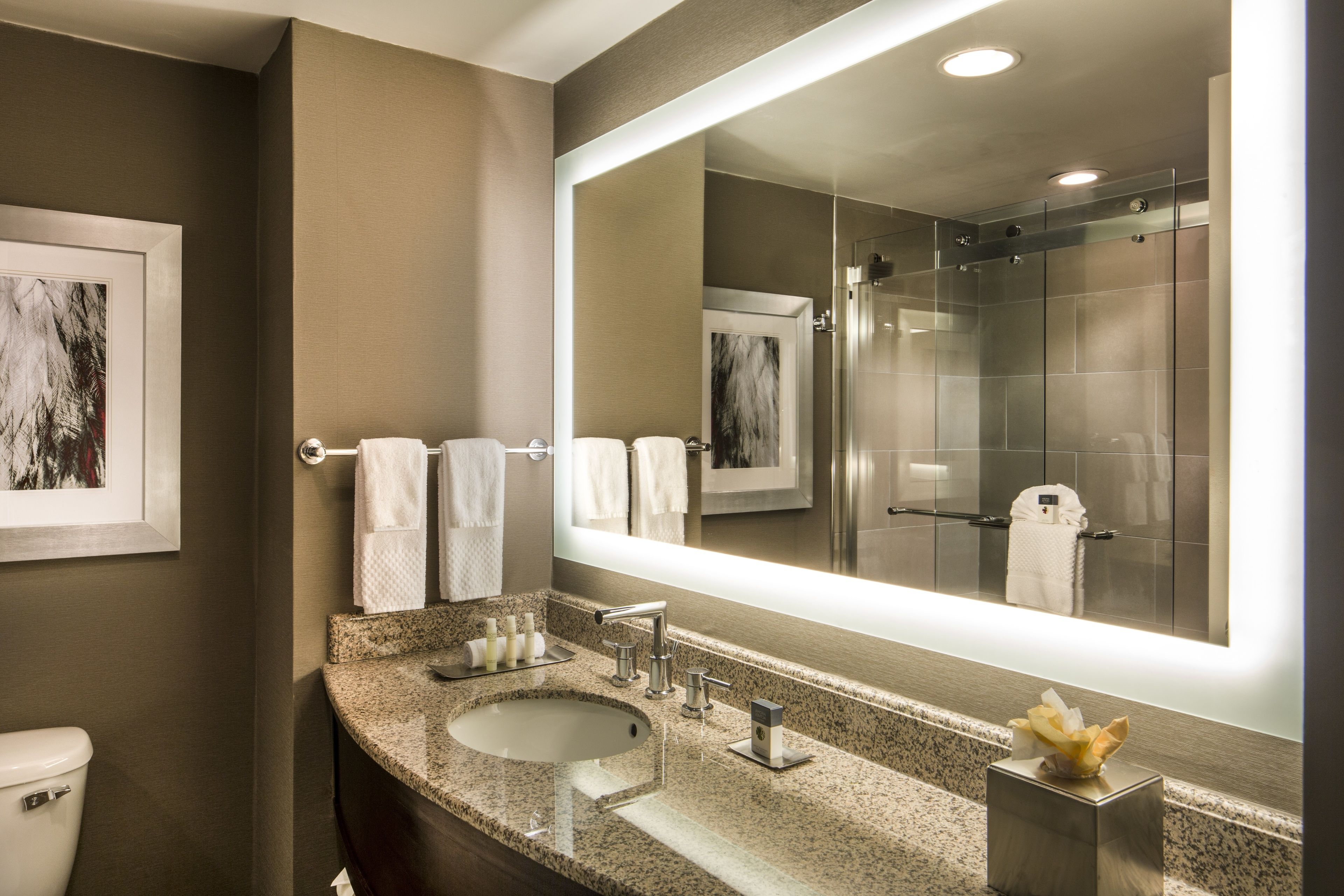 A modern bathroom with a granite countertop sink, a large mirror, and a glass shower enclosure.
