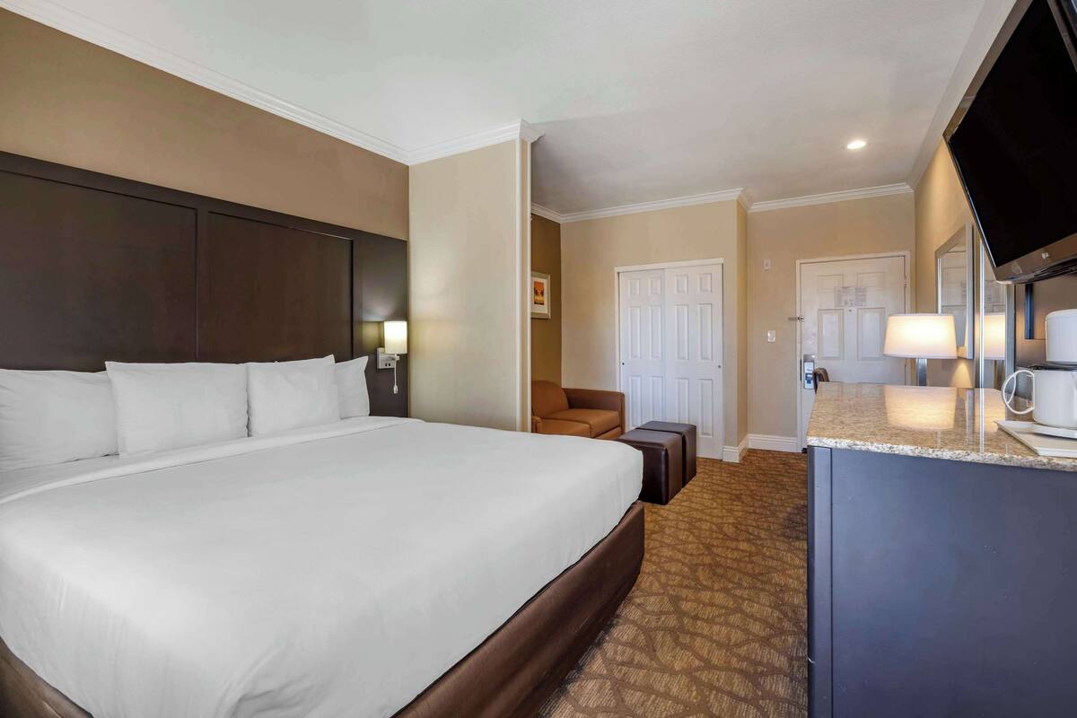 A hotel room with a large bed, a desk with a flat-screen TV, a chair, and a small table.
