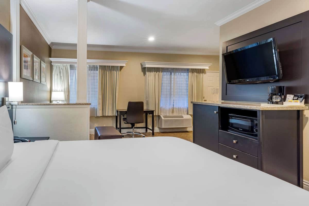 A hotel room with a bed, a desk, a chair, a television, and a kitchenette.