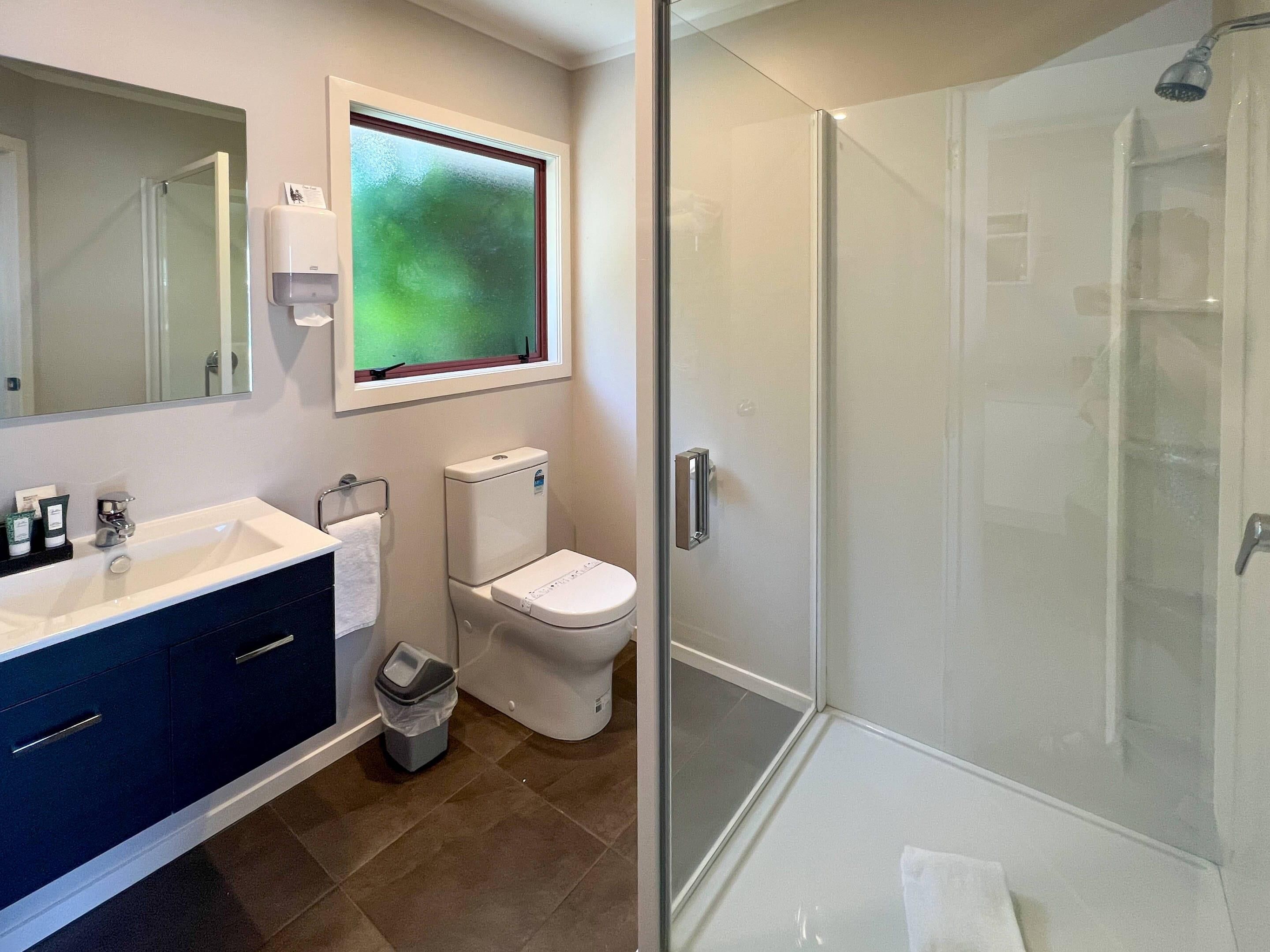 A bathroom with a white sink, a toilet, and a glass-enclosed shower.