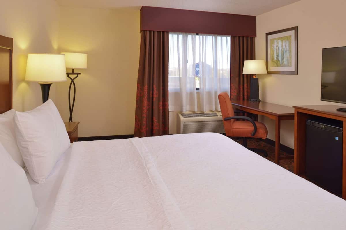 A hotel room with a large bed, a desk with a chair, a television, and a heater.