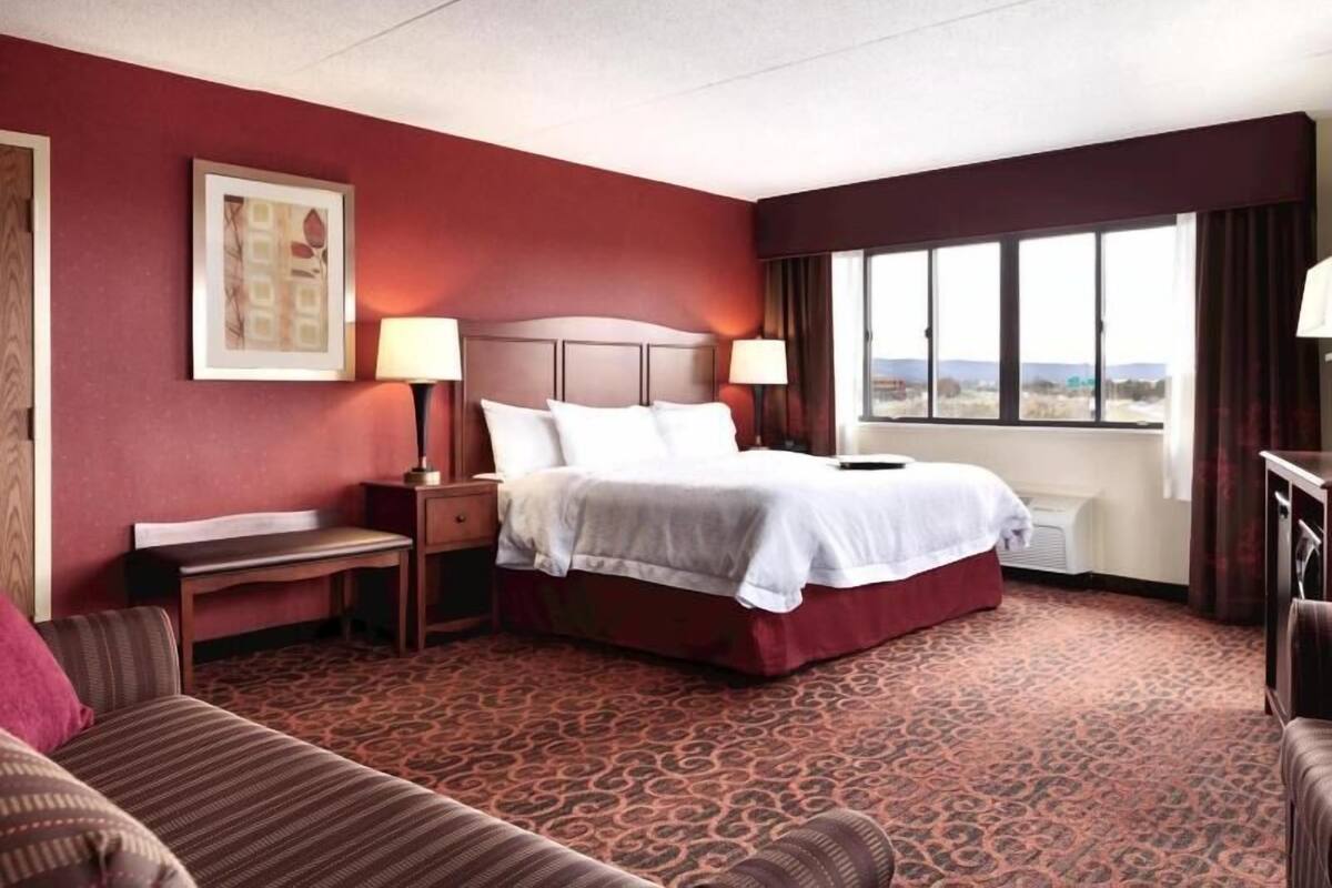 A hotel room with a large bed, two bedside tables, a nightstand, a window with a view, and a patterned carpet.