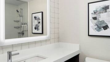 A modern bathroom with a white sink, a mirror, a shower, and two framed artworks on the wall.