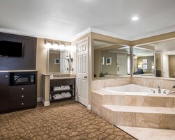 Un baño de hotel con un espejo grande, una bañera, un tocador con lavabo, un microondas y un televisor.