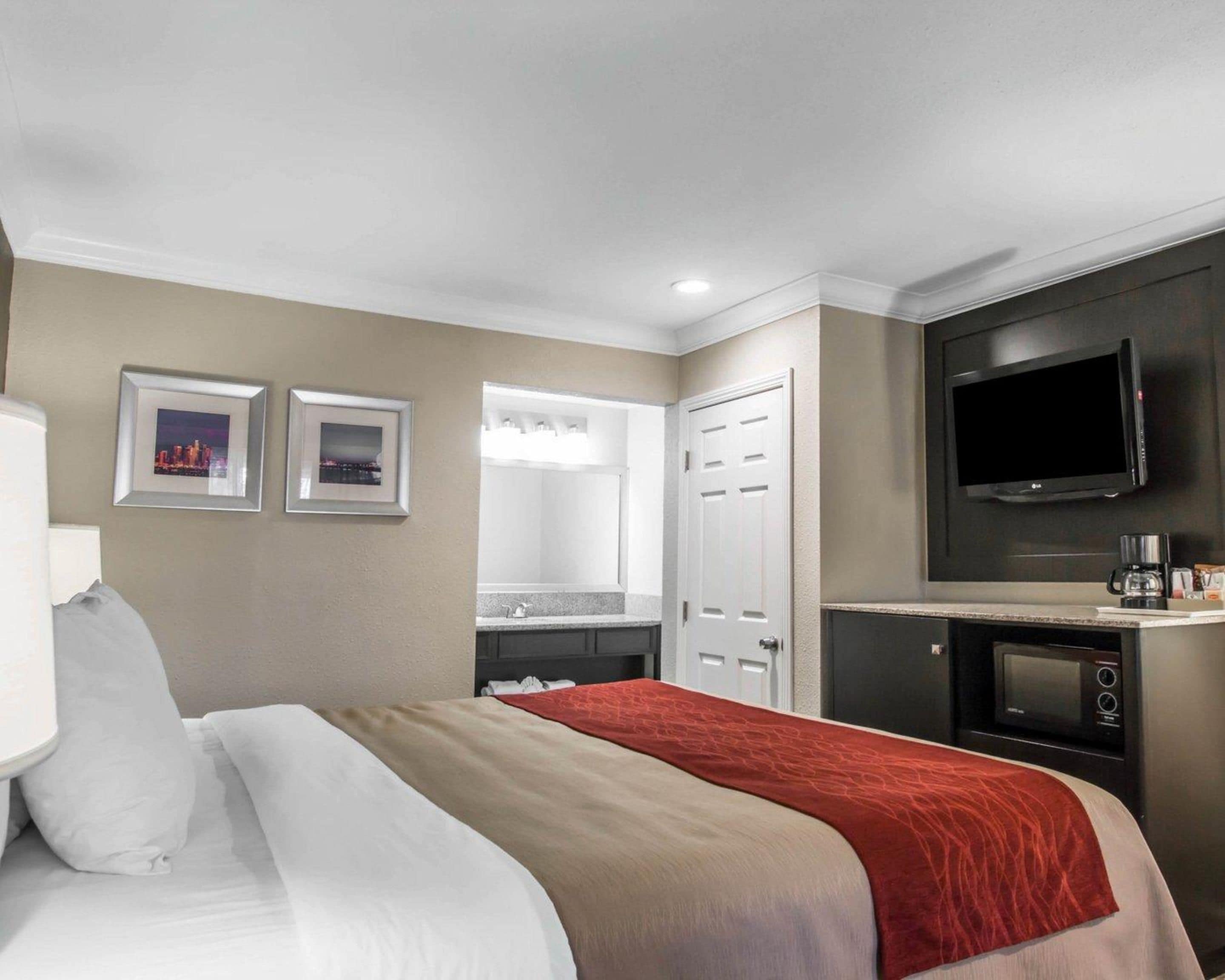 A hotel room with a bed, a TV, a microwave, and a bathroom with a mirror and sink.