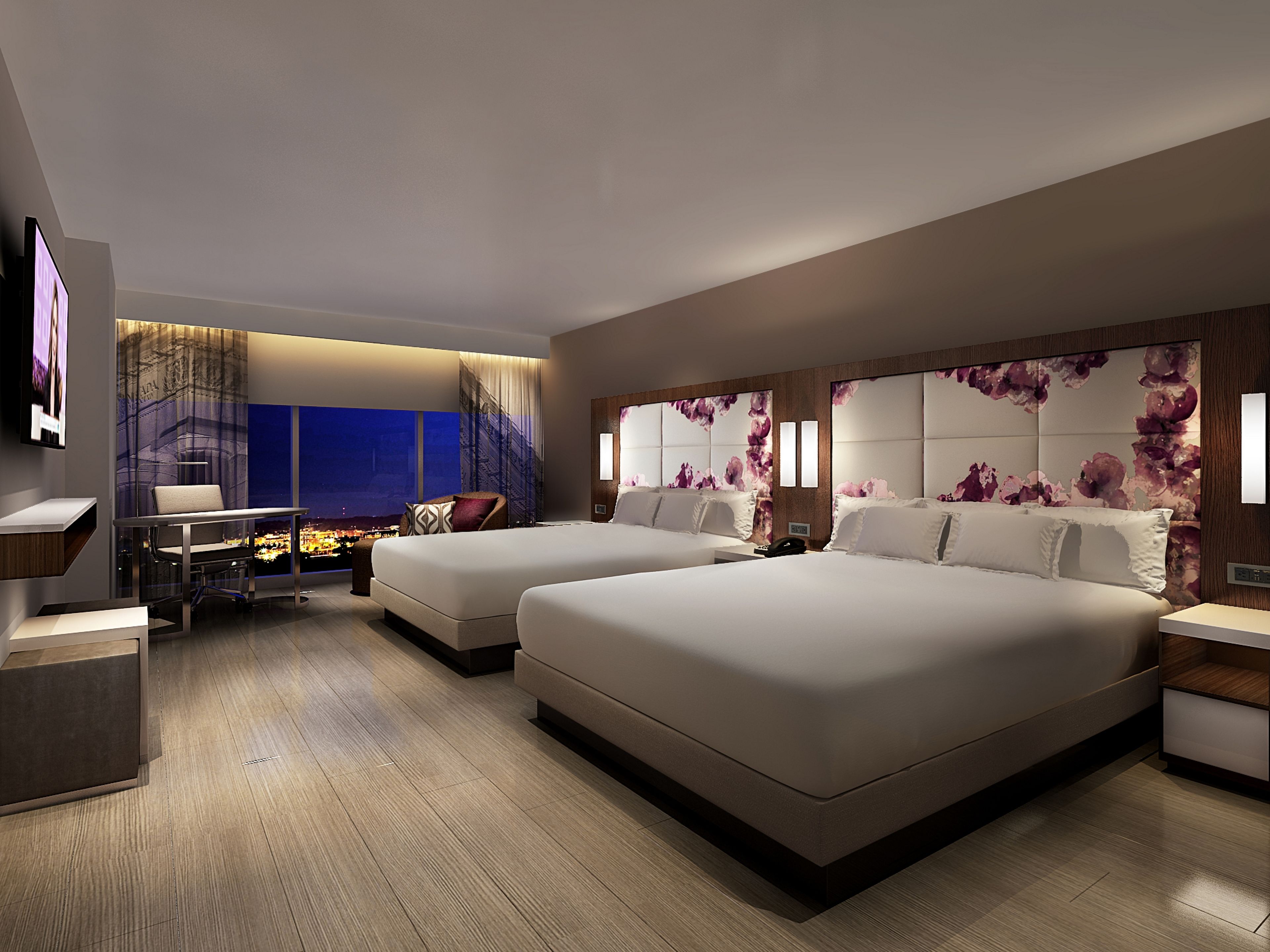 deluxe room, multiple beds, river view | premium bedding, in-room safe, desk, laptop workspace