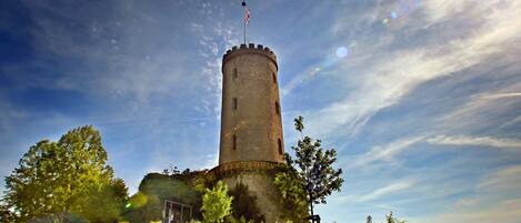 A historic tower with a flag, surrounded by greenery and a stone wall.