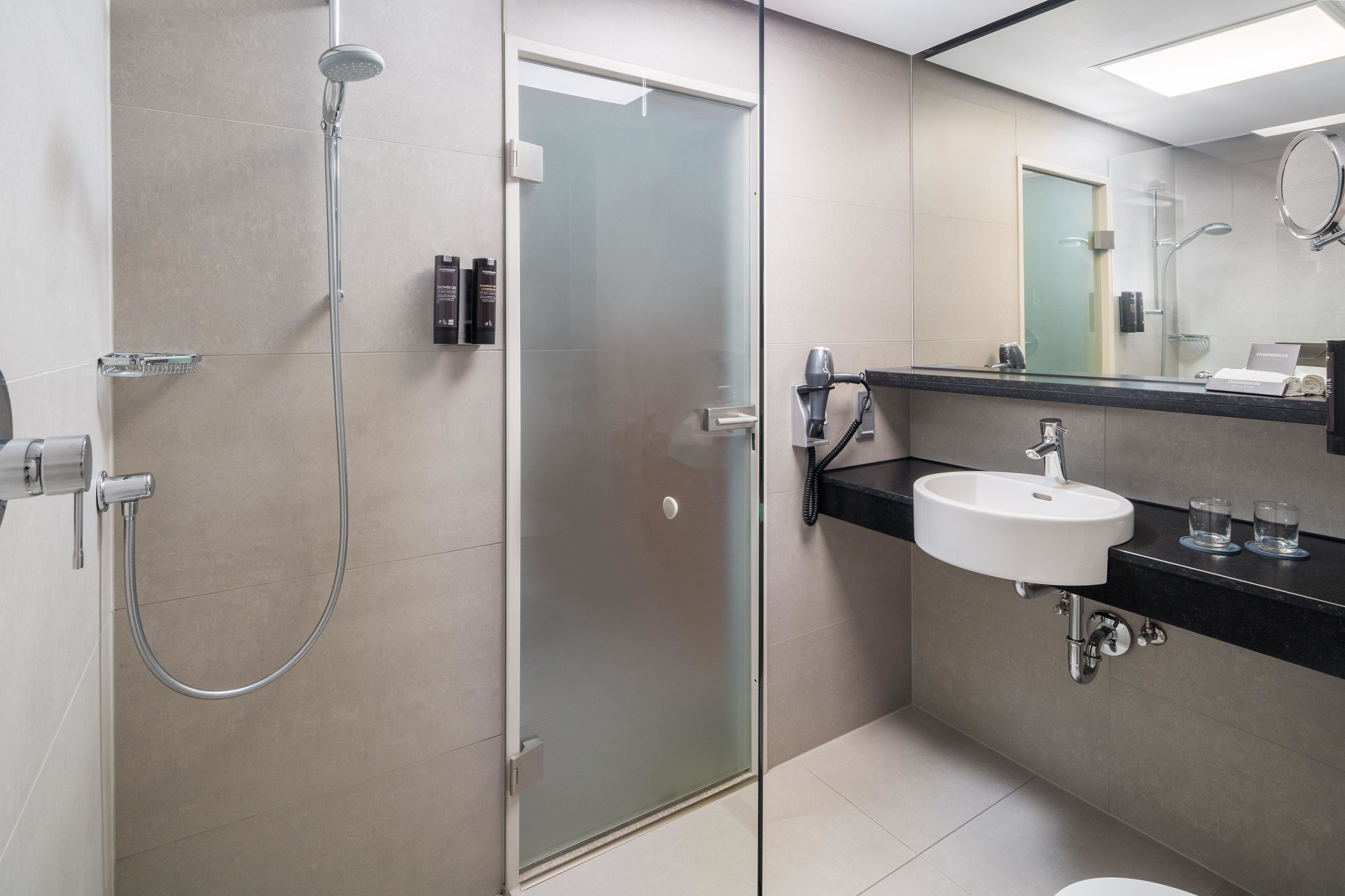 Un baño moderno con ducha de vidrio, lavabo con encimera negra y espejo sobre el lavabo.