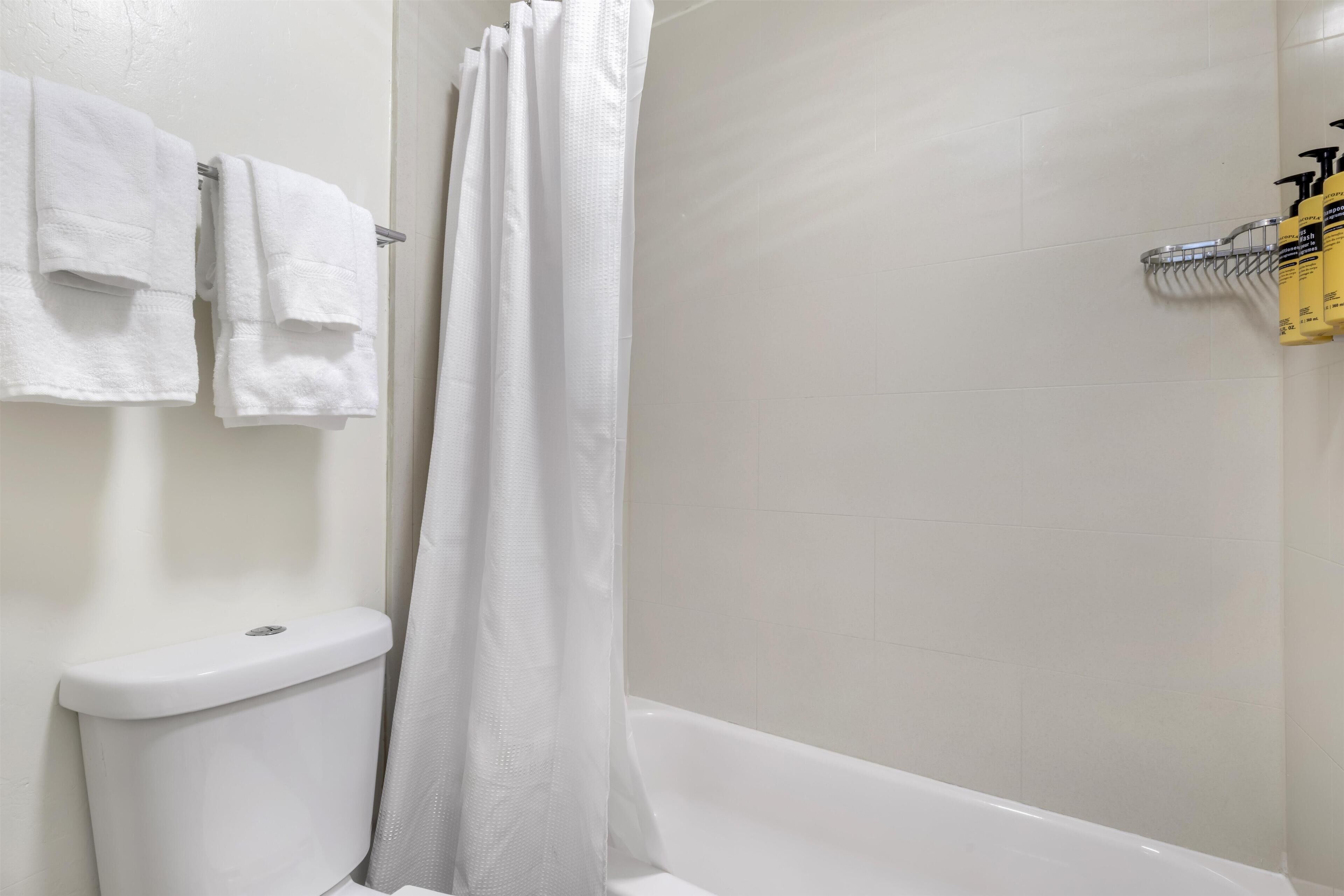A bathroom with a toilet, a bathtub, and a shower curtain.