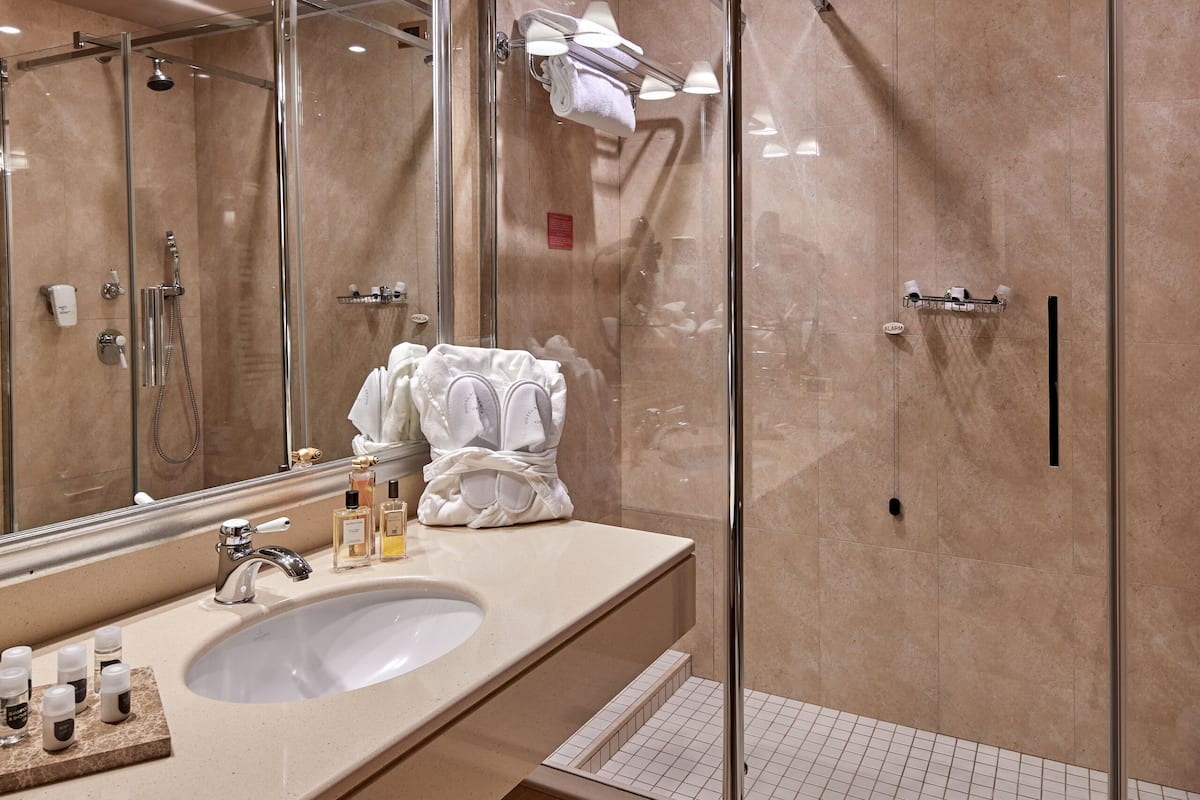 free toiletries, hair dryer, slippers, bidet