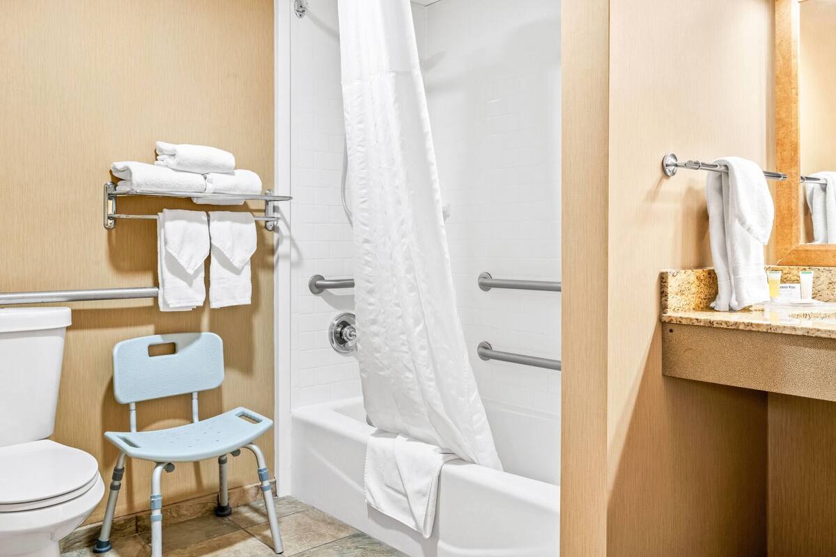 Ein Badezimmer mit Toilette, einer Duschkabine, einer Haltestange, einem Stuhl und einem Waschbecken mit Handtuchhalter.