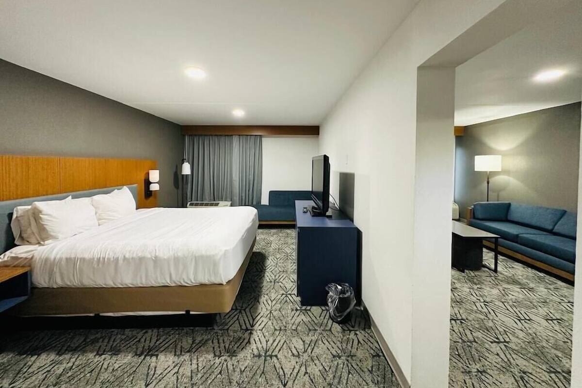 Ett hotellrum med en säng, ett skrivbord, en tv, en soffa och en lampa.