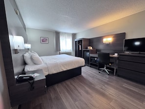 Habitación de hotel con cama, mesita de noche, escritorio, silla, televisión y armario.