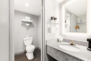 Combined shower/bathtub, free toiletries, hair dryer, towels